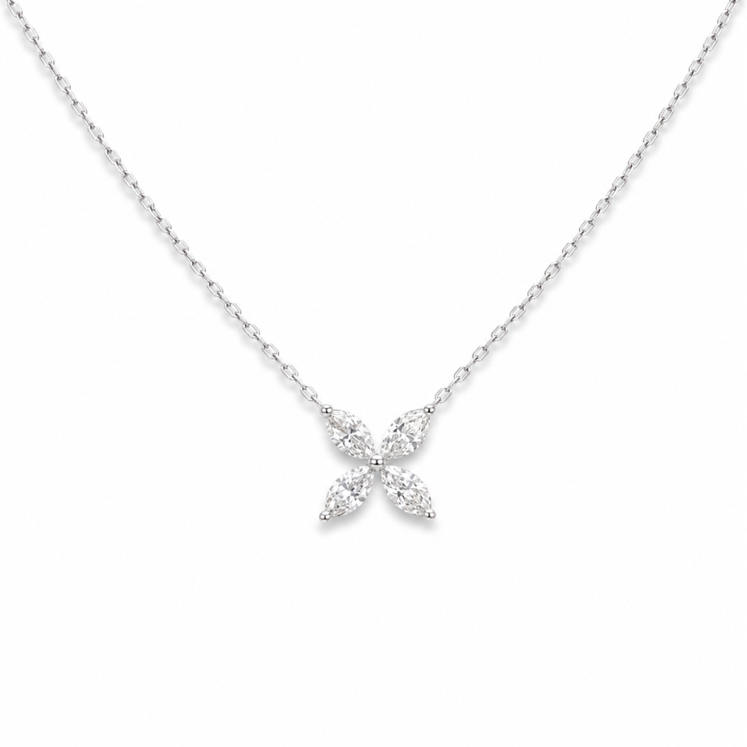 18ct White Gold Marquise Diamond Four-Leaf Flower Pendant Necklace - 0.45ct
