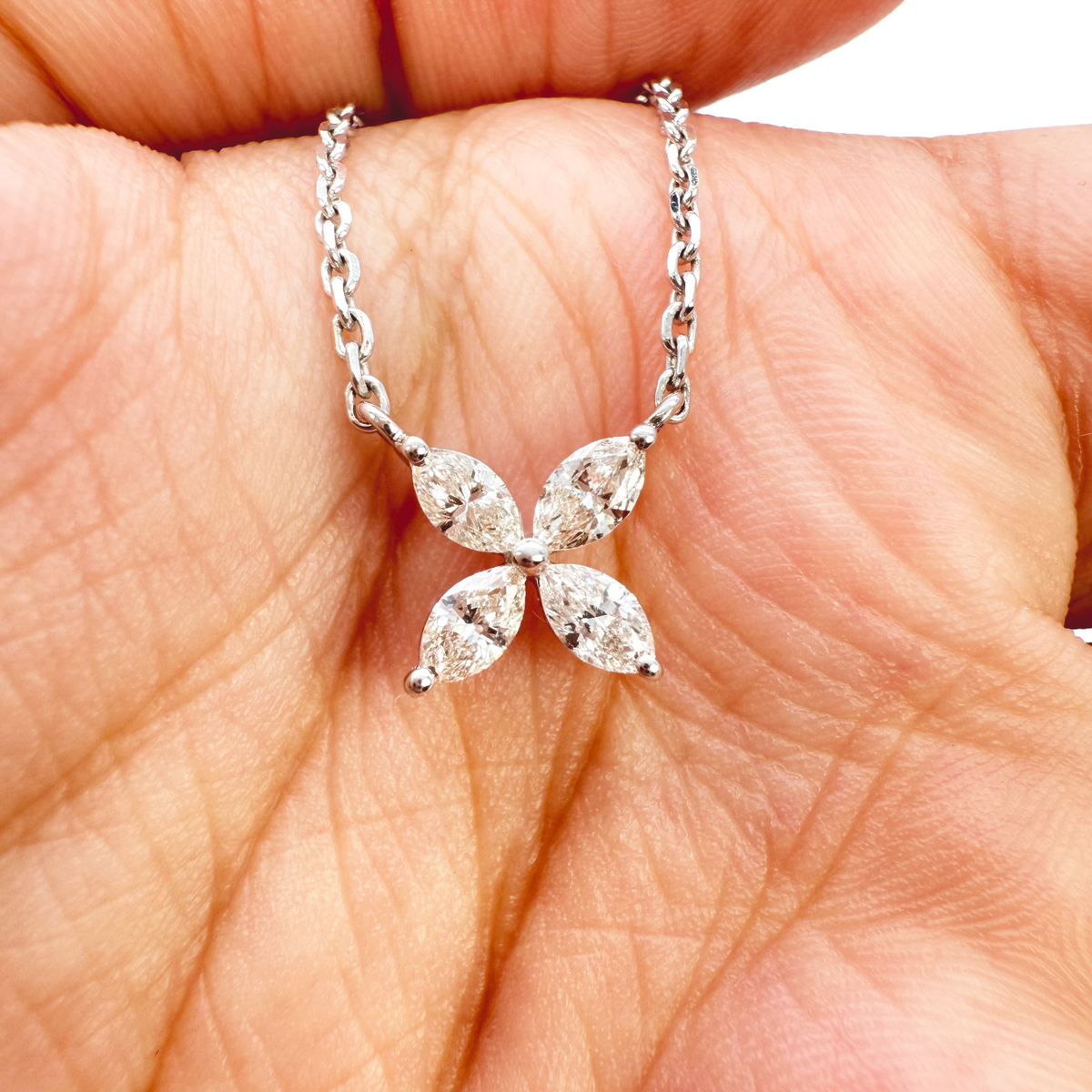 18ct White Gold Marquise Diamond Four-Leaf Flower Pendant Necklace - 0.45ct