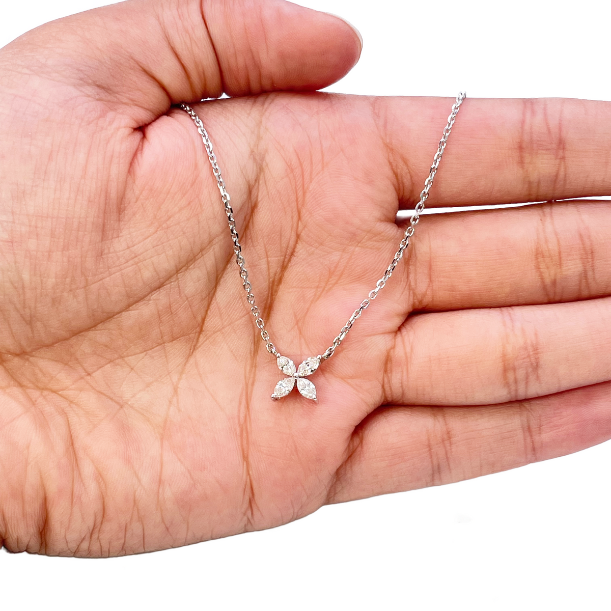 18ct White Gold Marquise Diamond Four-Leaf Flower Pendant Necklace - 0.45ct