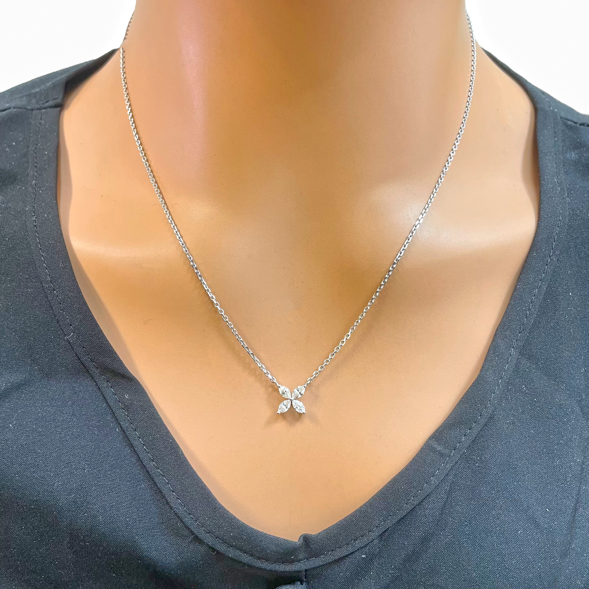 18ct White Gold Marquise Diamond Four-Leaf Flower Pendant Necklace - 0.45ct