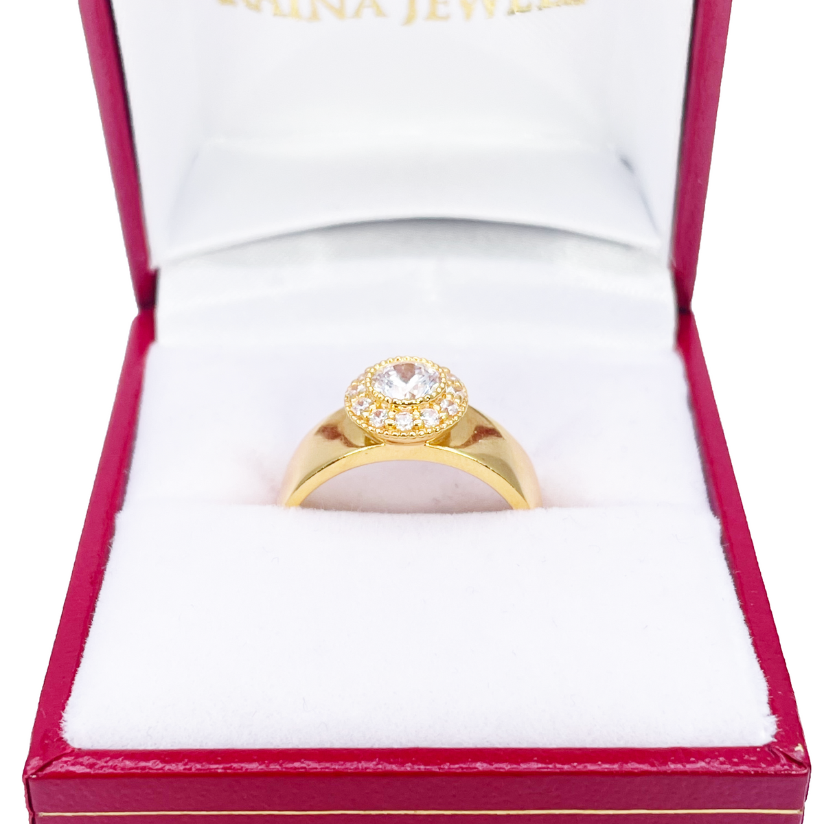 Bague halo en or 22 carats avec zircones cubiques, poli miroir, largeur 8,6 mm