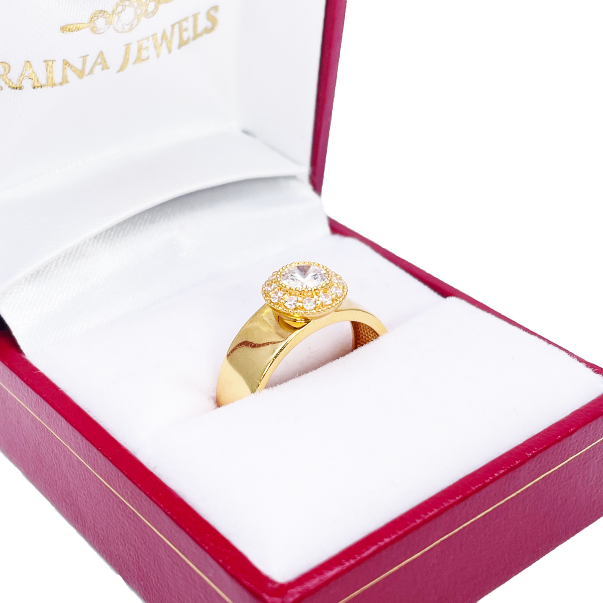 Bague halo en or 22 carats avec zircones cubiques, poli miroir, largeur 8,6 mm