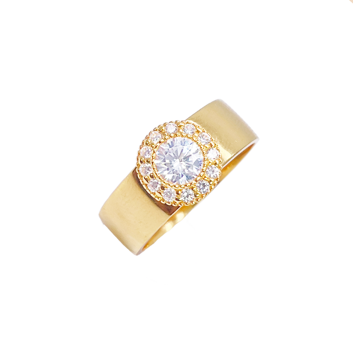 Bague halo en or 22 carats avec zircones cubiques, poli miroir, largeur 8,6 mm