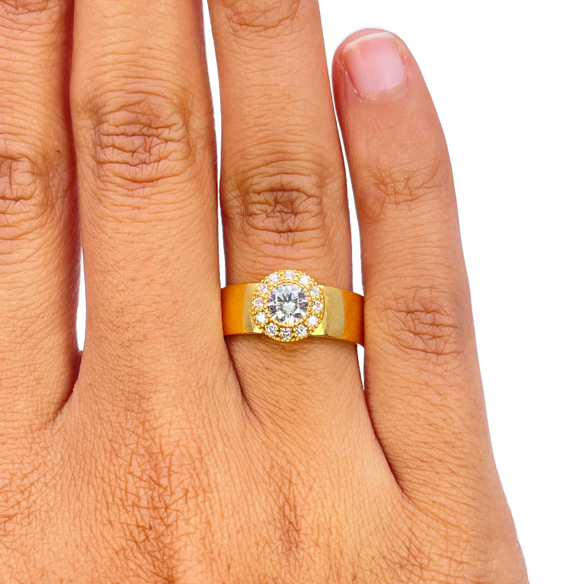 Bague halo en or 22 carats avec zircones cubiques, poli miroir, largeur 8,6 mm