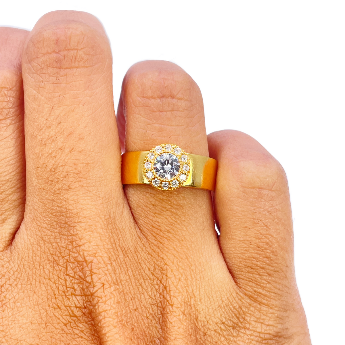 Bague halo en or 22 carats avec zircones cubiques, poli miroir, largeur 8,6 mm