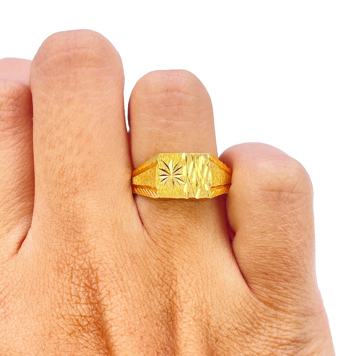 22ct Gold Square Signet Textured & High Polished Diamond Cut Ring 8.4mm Width