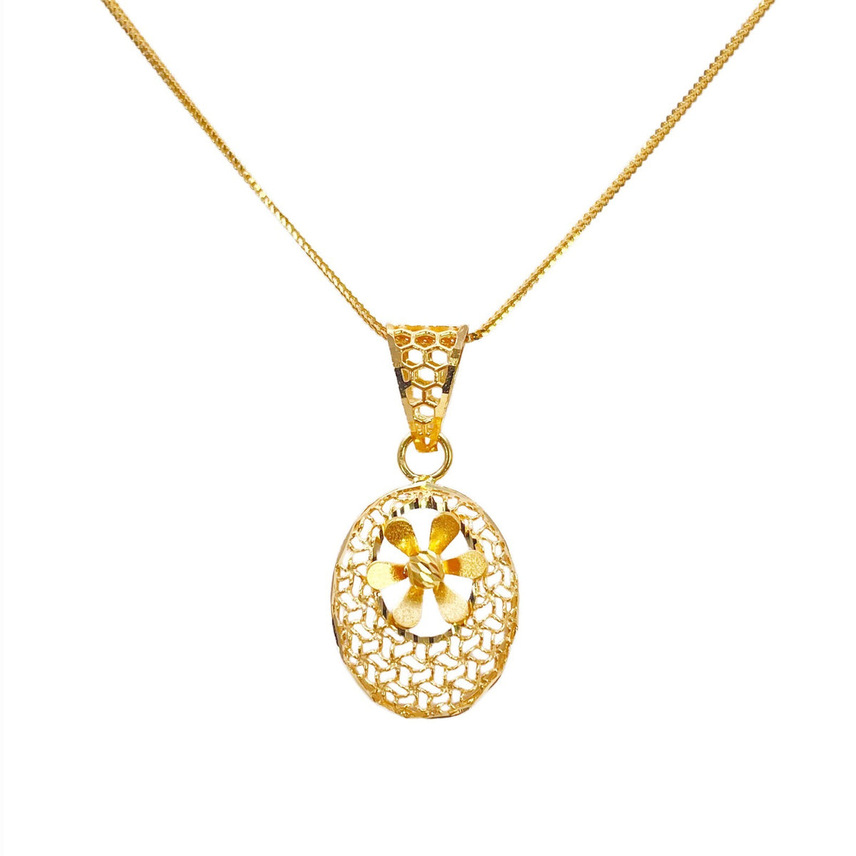 22ct Yellow Gold Honeycomb Mesh Oval Floral Daisy Centre Pendant High Polish