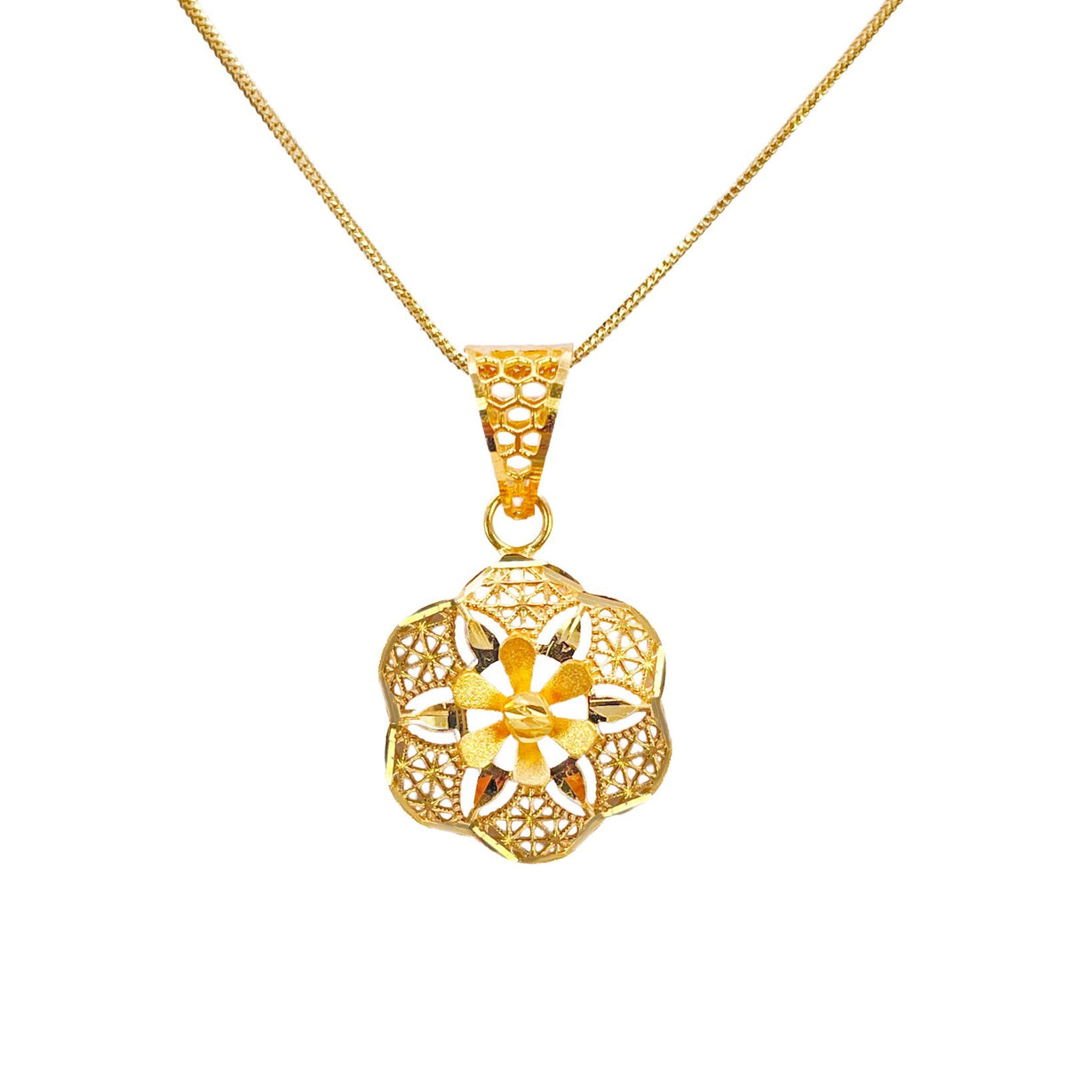 22ct Yellow Gold Diamond Cut Open Lattice Starburst Floral Daisy Pendant