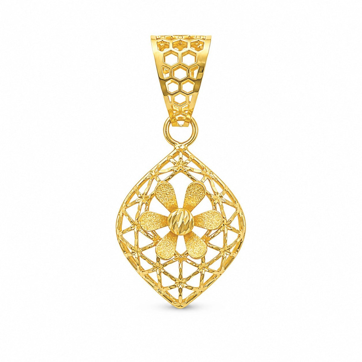 22ct Yellow Gold Diamond Cut Geometric Mesh Rhombus Daisy Pendant