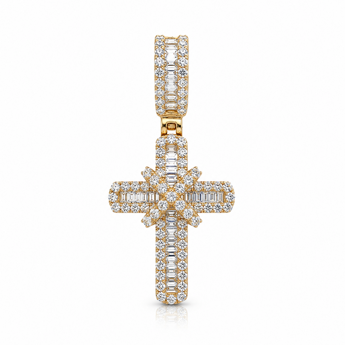 14ct Yellow Gold Natural Diamond Baguette Round Cluster Cross Pendant 0.65ct