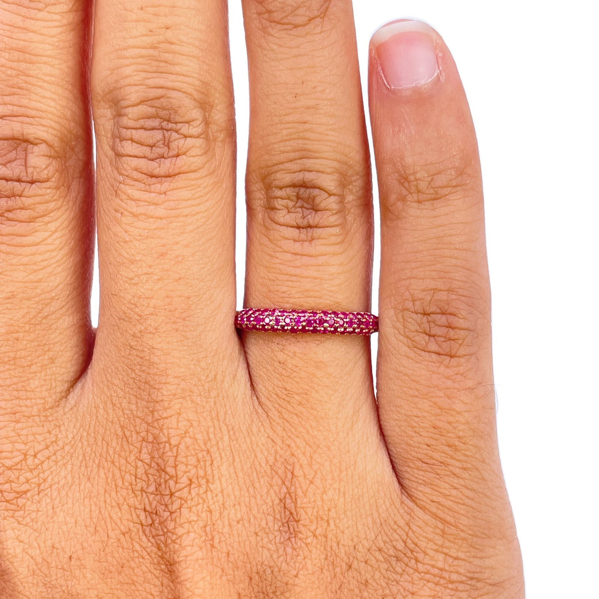 14ct Rose Gold Natural Ruby Dome Pave Ring 3 Row 0.40ct