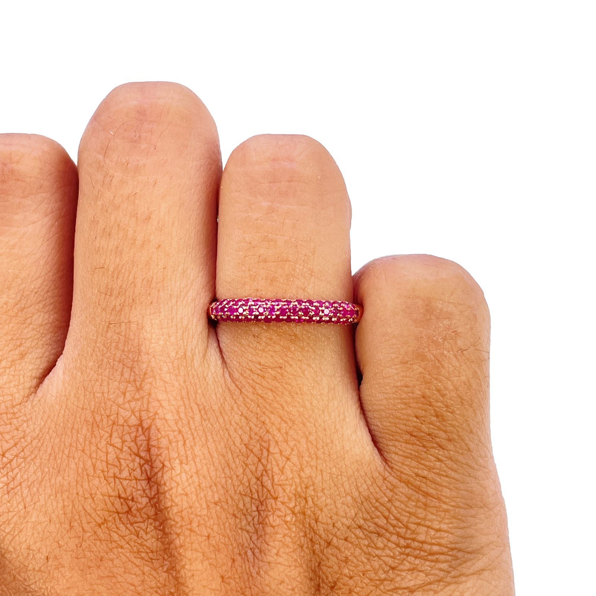 14ct Rose Gold Natural Ruby Dome Pave Ring 3 Row 0.40ct