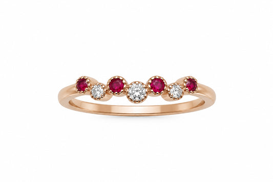 18ct Rose Gold Bubble Ring with Natural Rubies & Diamonds 0.14ct
