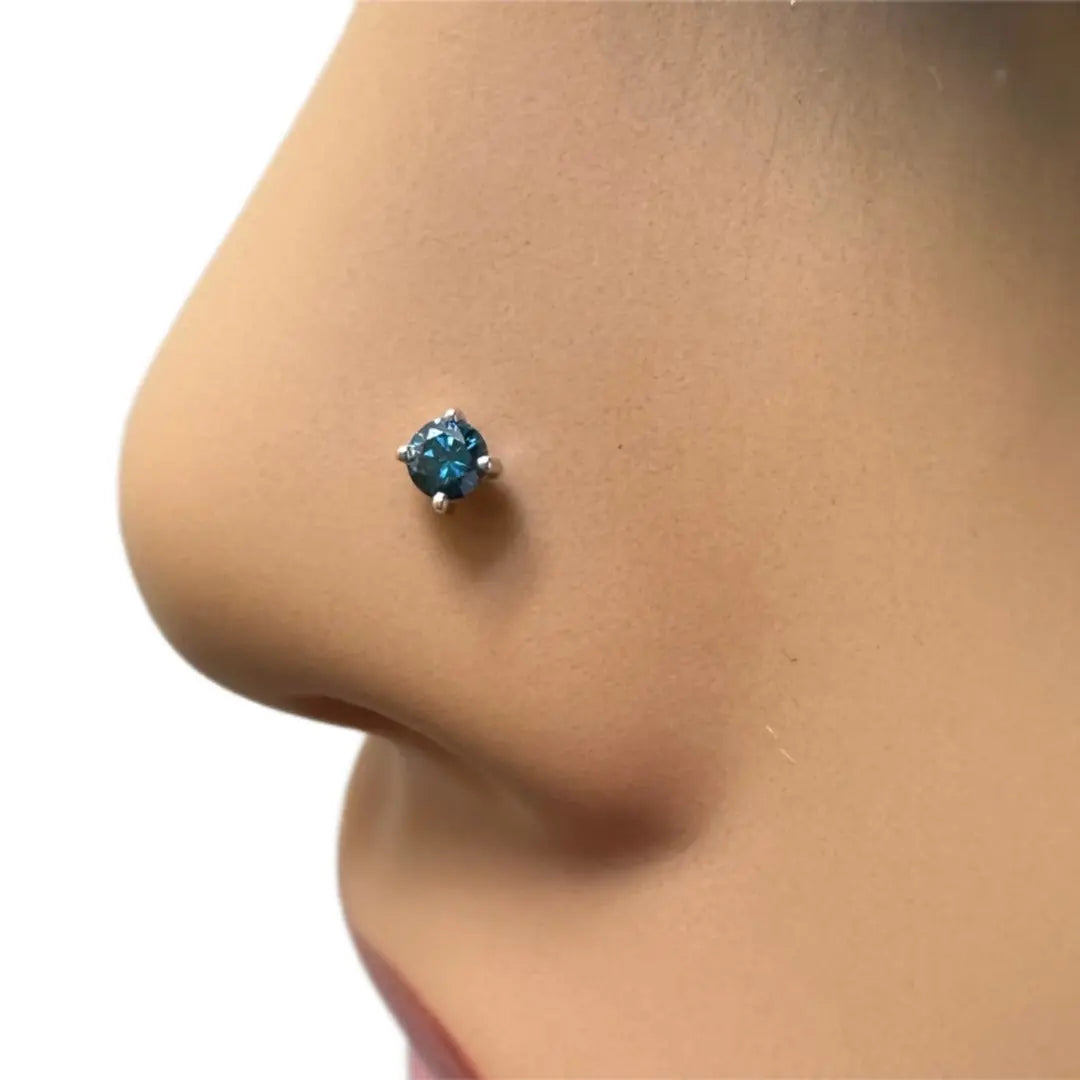 Blue Diamond Nose Stud / Nose Pin White / Rose Gold 18ct 0.08 cts Screw Back  Nose studs