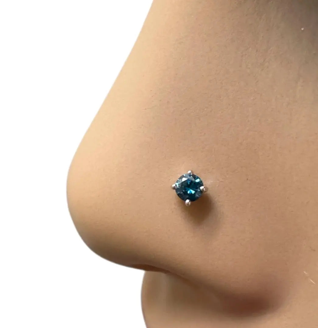 Blue Diamond Nose Stud / Nose Pin White / Rose Gold 18ct 0.08 cts Screw Back  Nose studs