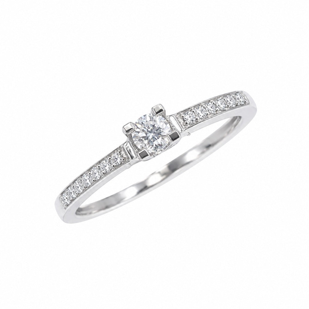 18ct White Gold Natural Diamond Solitaire Ring Pav Shoulders 0.15ct