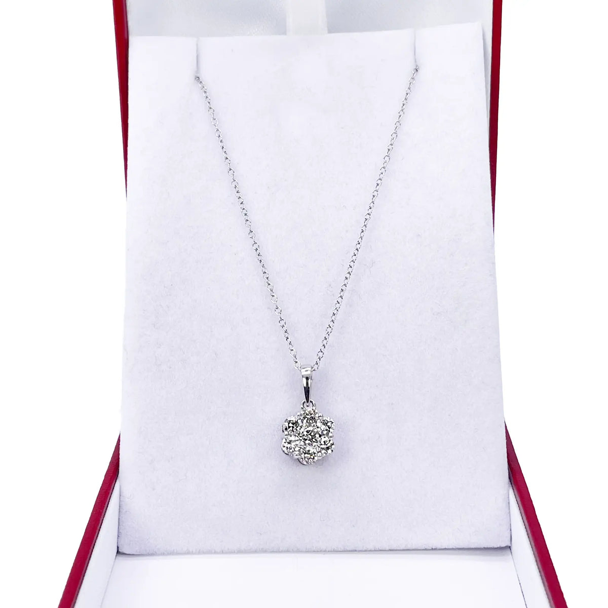 9ct White Gold & Natural Diamond Daisy Cluster Pendant Necklace 0.77cts 