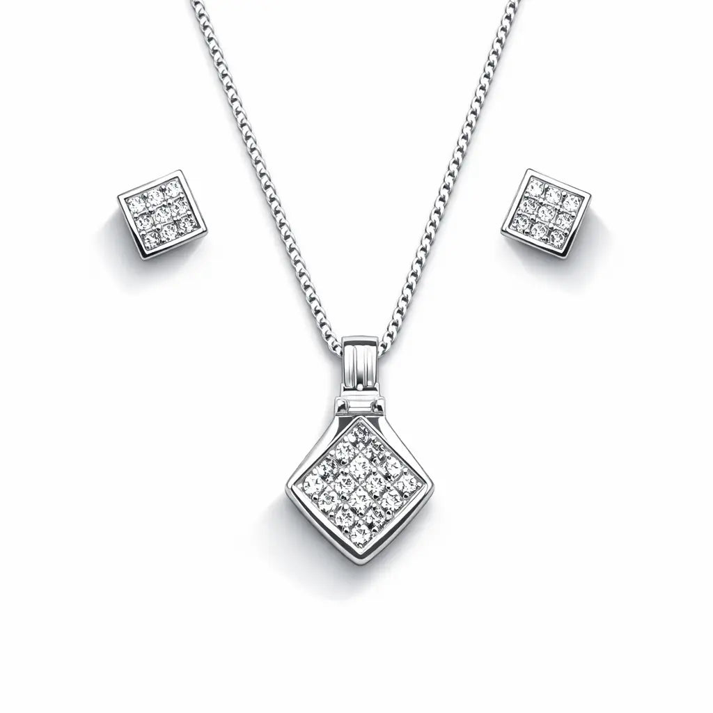 A Set of 18ct White Gold Princess Cut Diamond Invisible Set Stud Earrings & matching Princess Cut Diamond Invisible Set Kite Pendant on Chain Necklace  Diamond Necklace