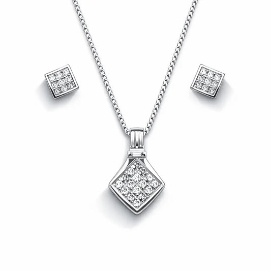 A Set of 18ct White Gold Princess Cut Diamond Invisible Set Stud Earrings & matching Princess Cut Diamond Invisible Set Kite Pendant on Chain Necklace  Diamond Necklace
