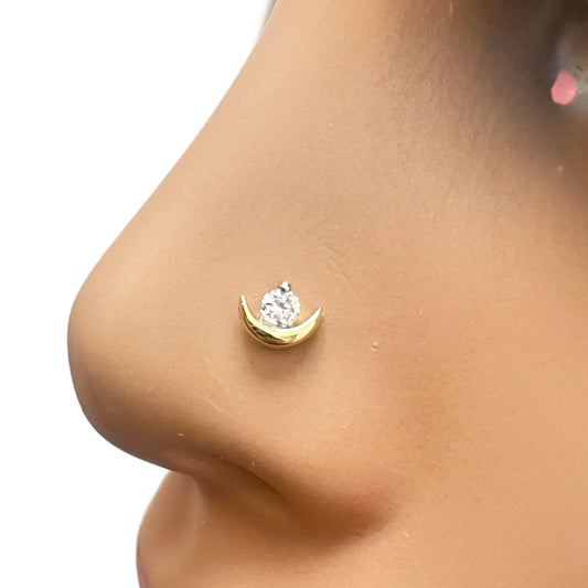Crescent Moon Round Diamond Threaded Nose Stud 18ct Yellow Gold 0.07cts 