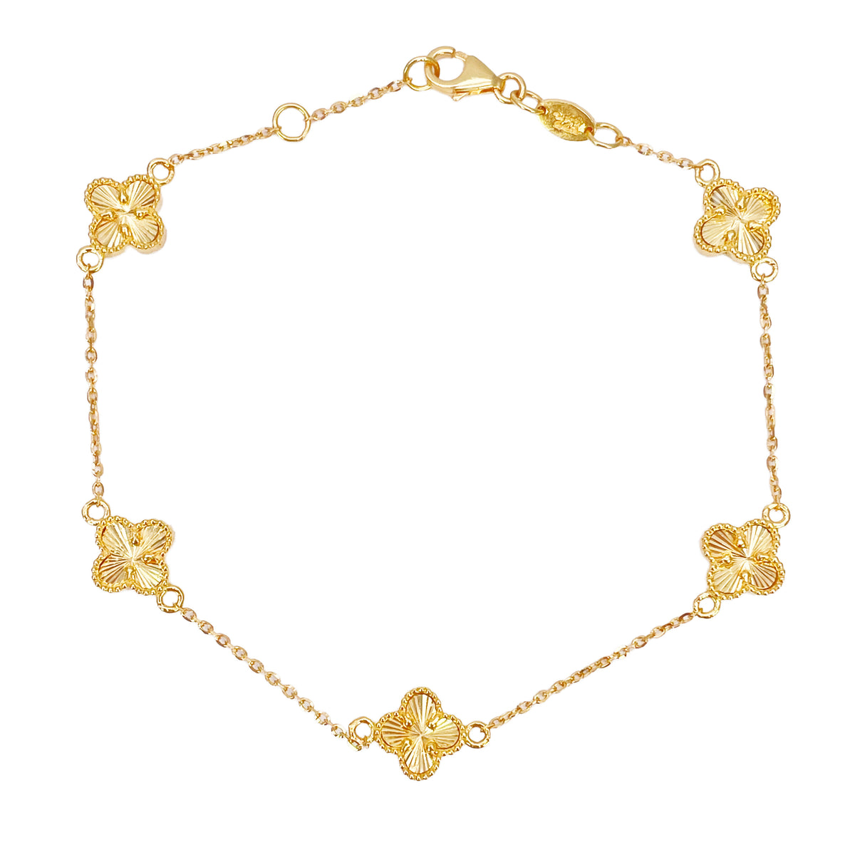 22 Karat Gelbgold Armband mit 5 Blumen-Kleeblättern und Diamantschliff, 19 cm