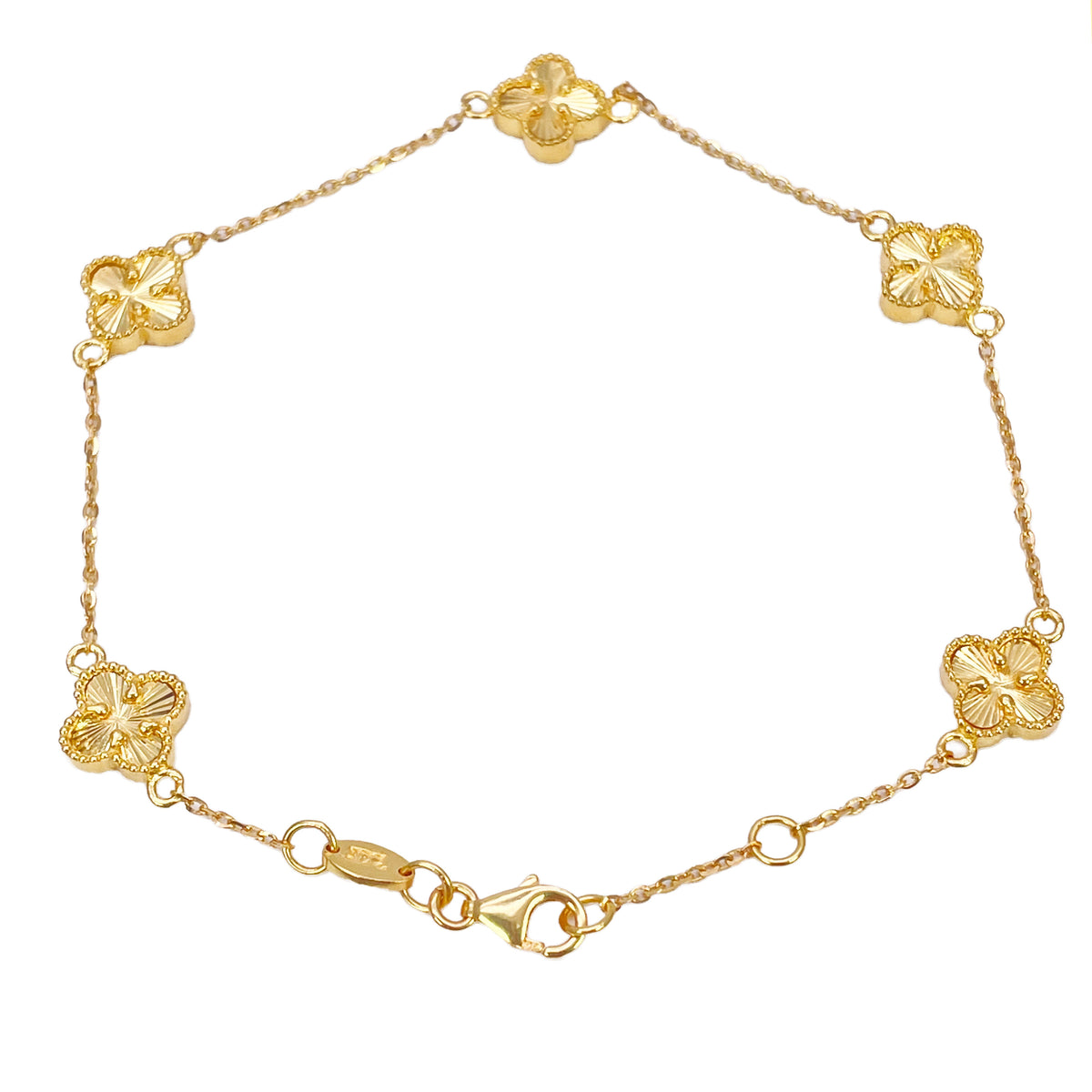 22 Karat Gelbgold Armband mit 5 Blumen-Kleeblättern und Diamantschliff, 19 cm
