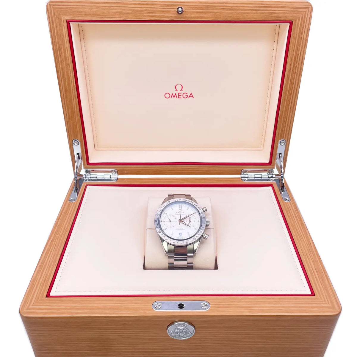 Omega Silver Stainless Steel Speedmaster '57 Co-Axial Chronograph With Watch Box 