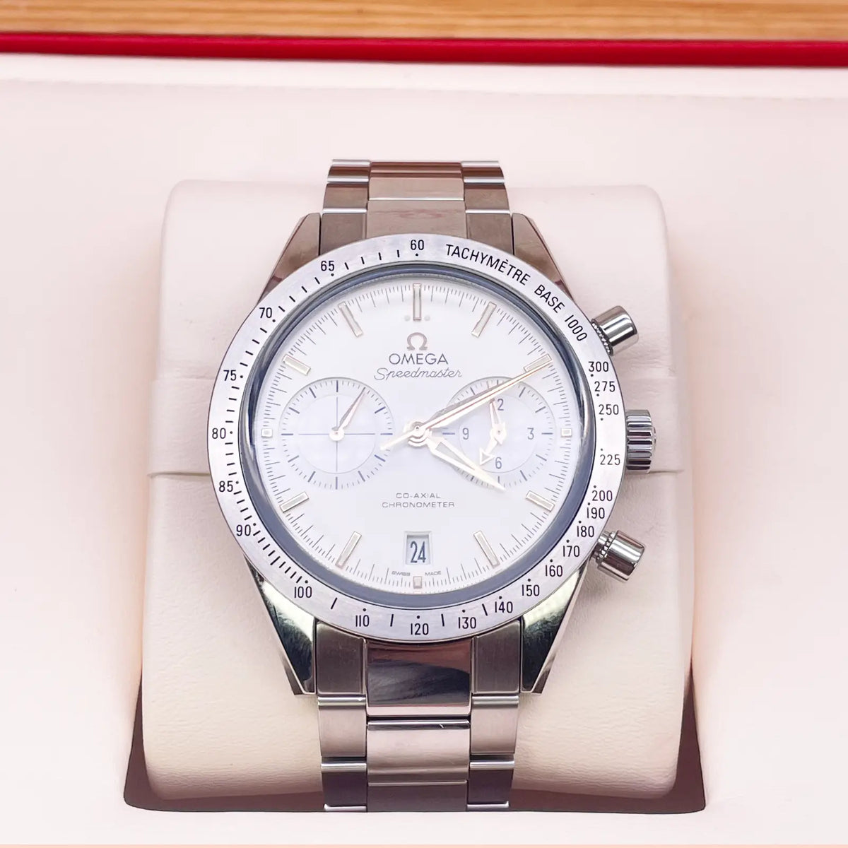 Omega Silver Stainless Steel Speedmaster '57 Co-Axial Chronograph With Watch Box 