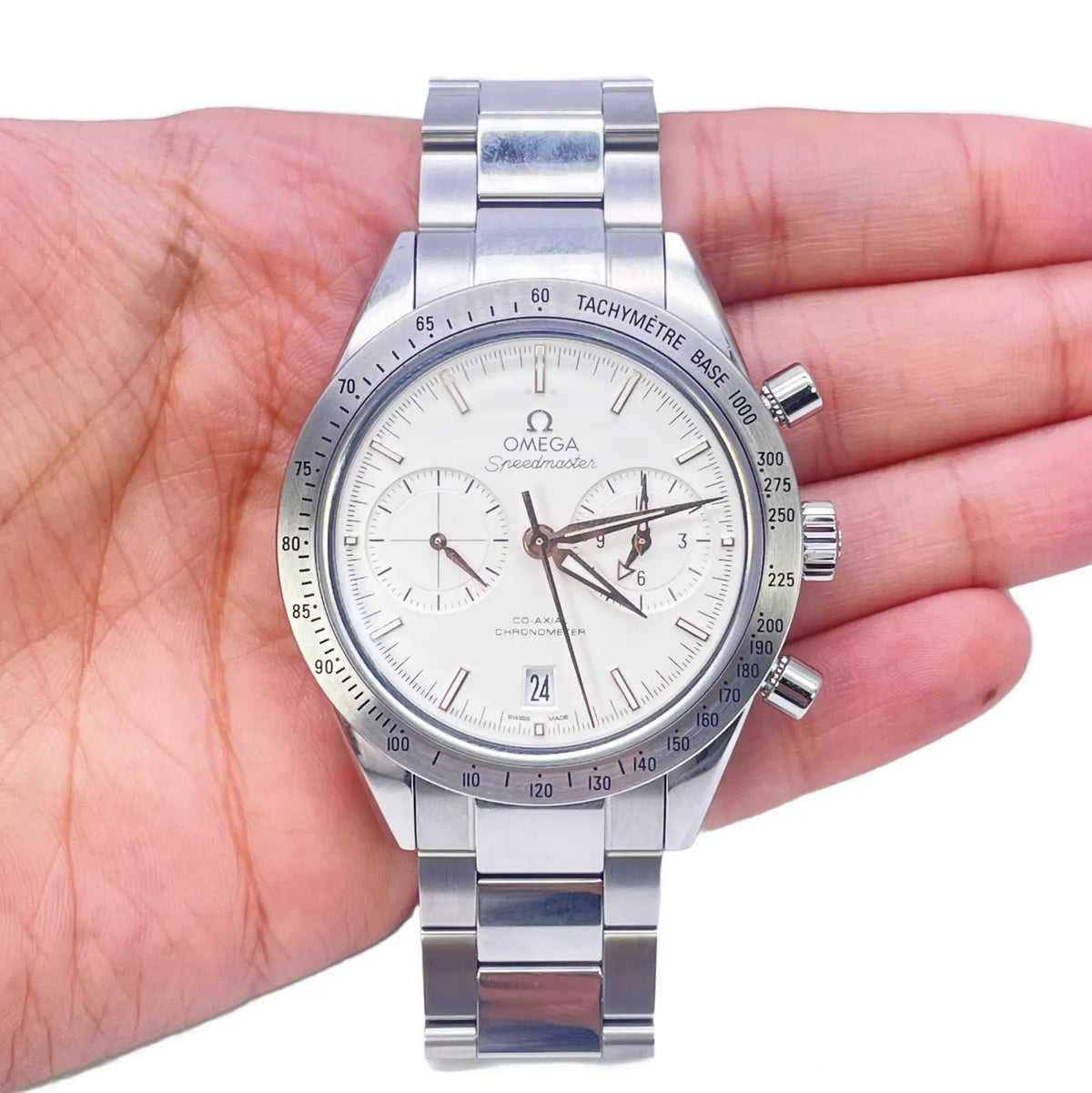 Omega Silver Stainless Steel Speedmaster '57 Co-Axial Chronograph With Watch Box 