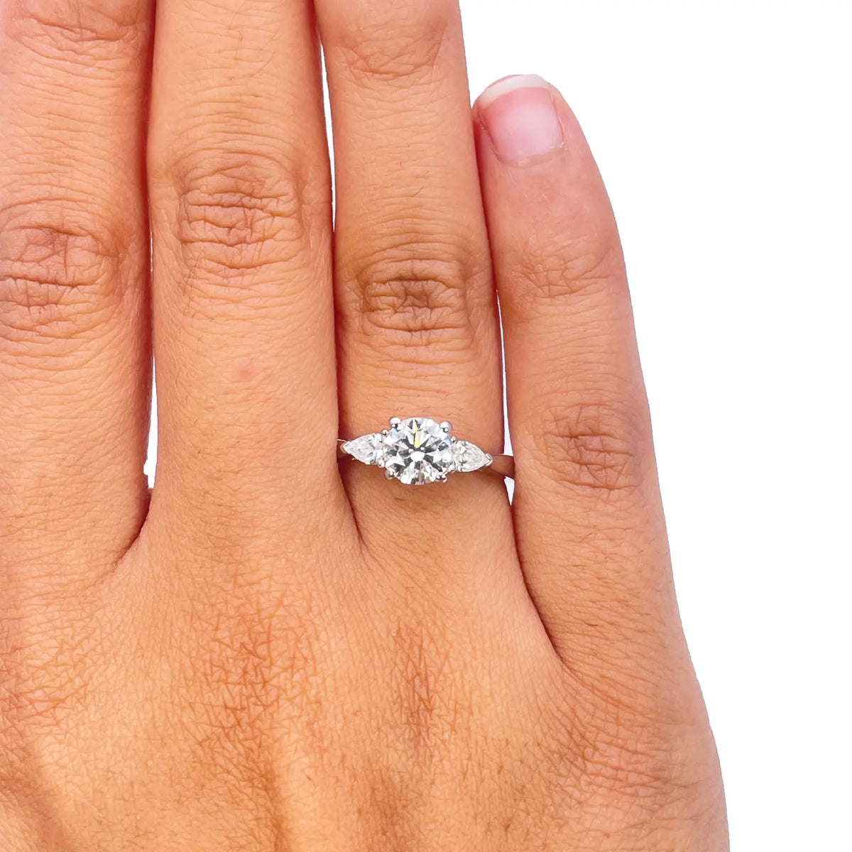 Platinum Round & Pear Natural Diamond Claw Set Trilogy Ring 1.25ct GIA Certified  Diamond Ring