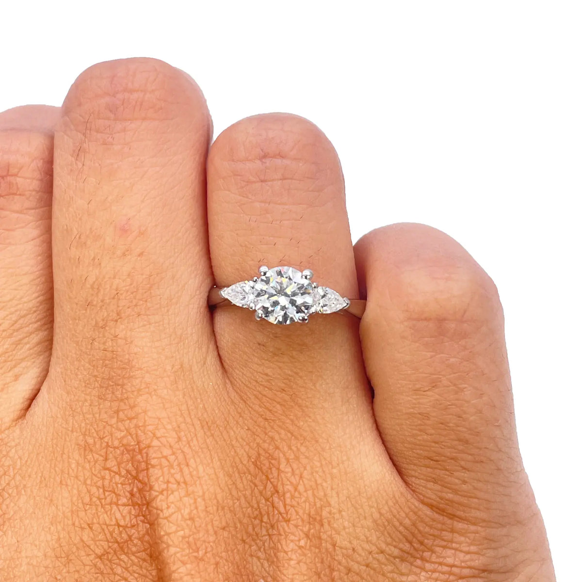 Platinum Round & Pear Natural Diamond Claw Set Trilogy Ring 1.25ct GIA Certified  Diamond Ring