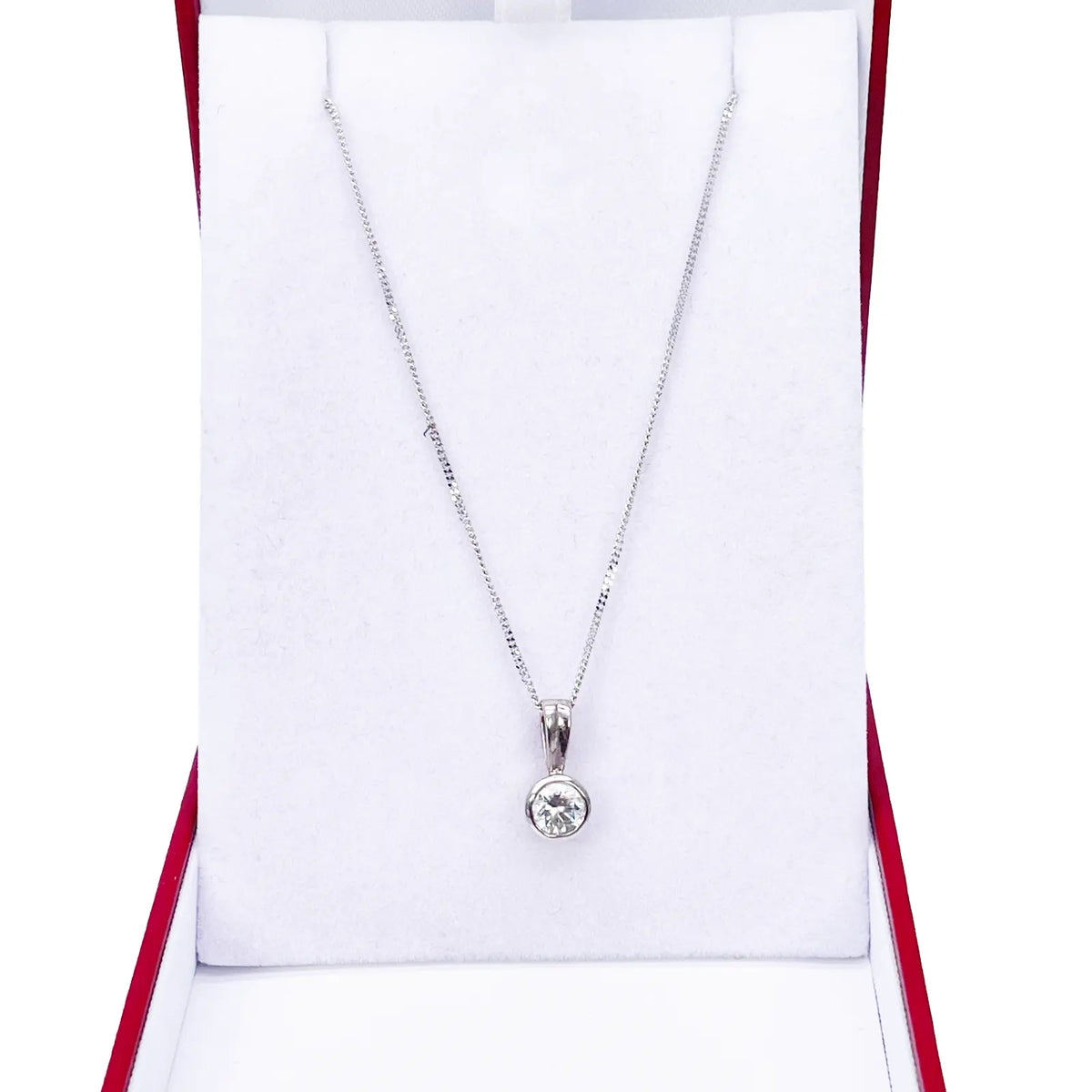 Round Natural Diamond Solitaire Bezel Rubover Set Pendant & Chain 0.30ct GIA Certified 