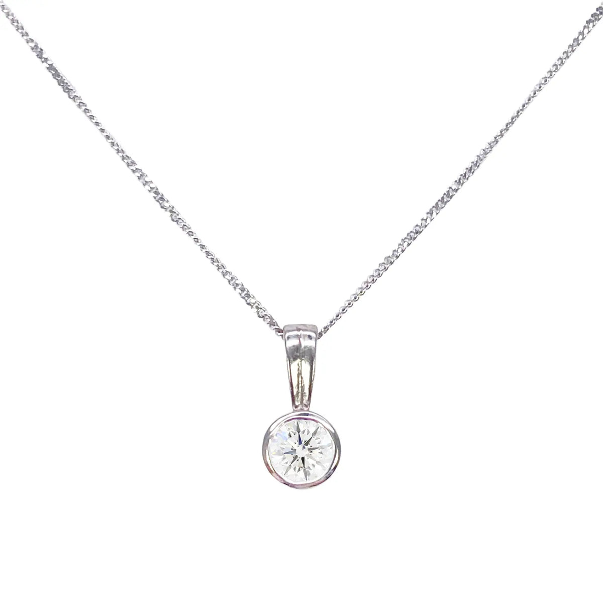 Round Natural Diamond Solitaire Bezel Rubover Set Pendant & Chain 0.50ct GIA Certified 