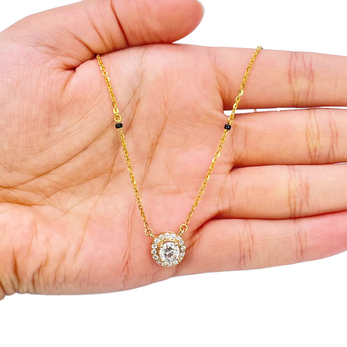 Yellow Gold Mangalsutra Necklace Lab-Created Diamond Halo Pendant 0.70ct  Mangalsutra Chains