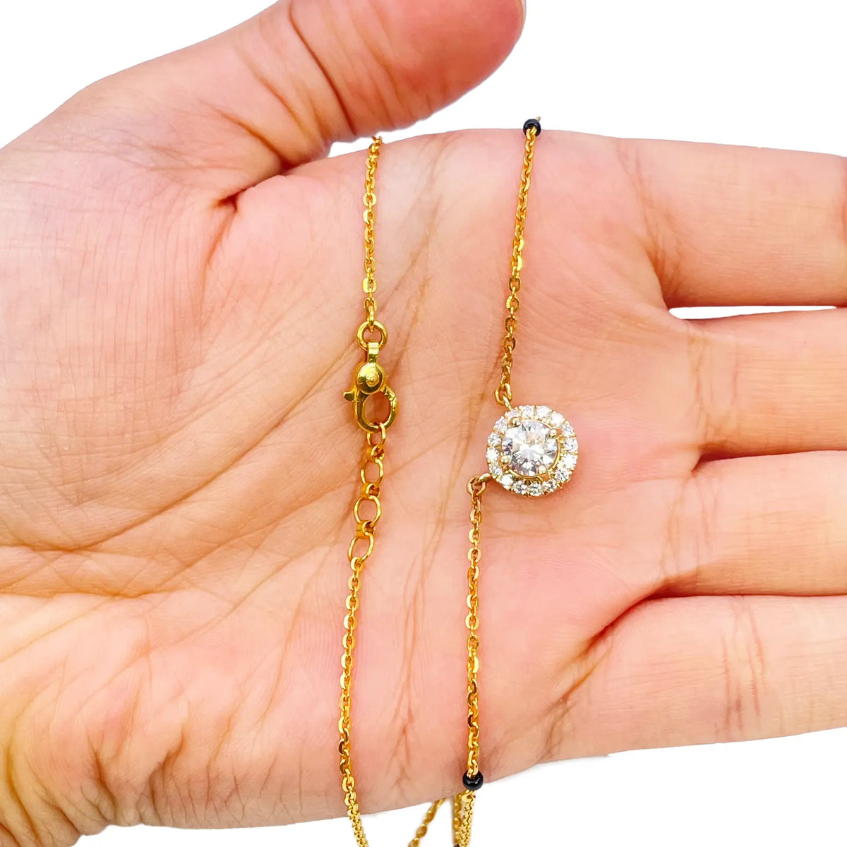 Yellow Gold Mangalsutra Necklace Lab-Created Diamond Halo Pendant 0.70ct  Mangalsutra Chains
