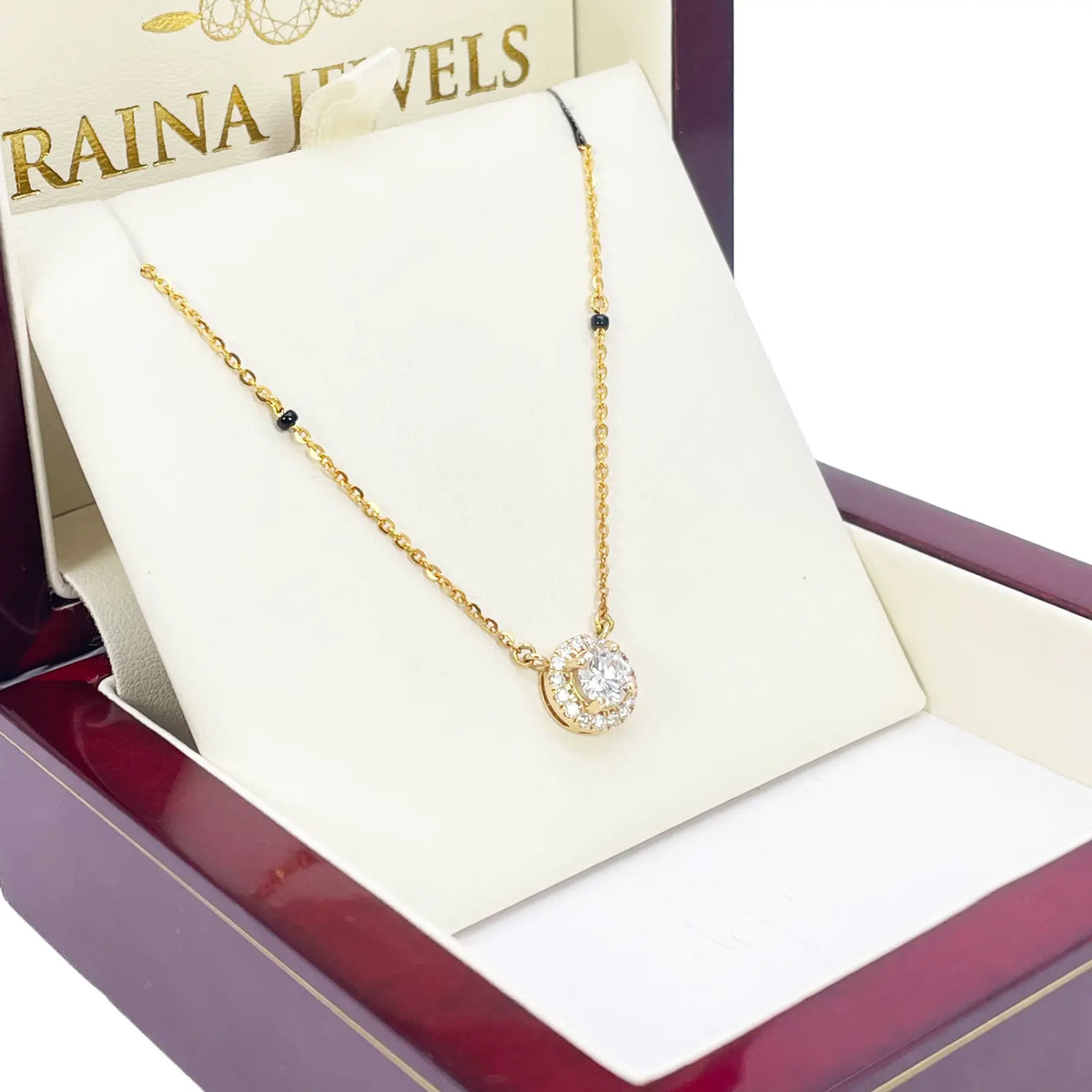 Yellow Gold Mangalsutra Necklace Lab-Created Diamond Halo Pendant 0.70ct  Mangalsutra Chains