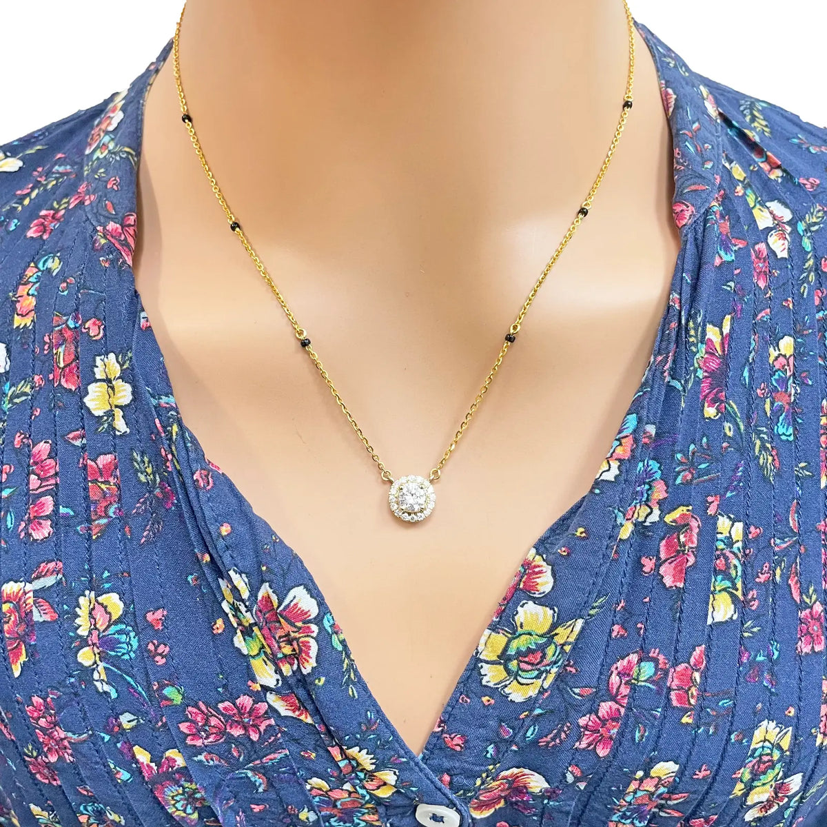Yellow Gold Mangalsutra Necklace Lab-Created Diamond Halo Pendant 0.70ct  Mangalsutra Chains
