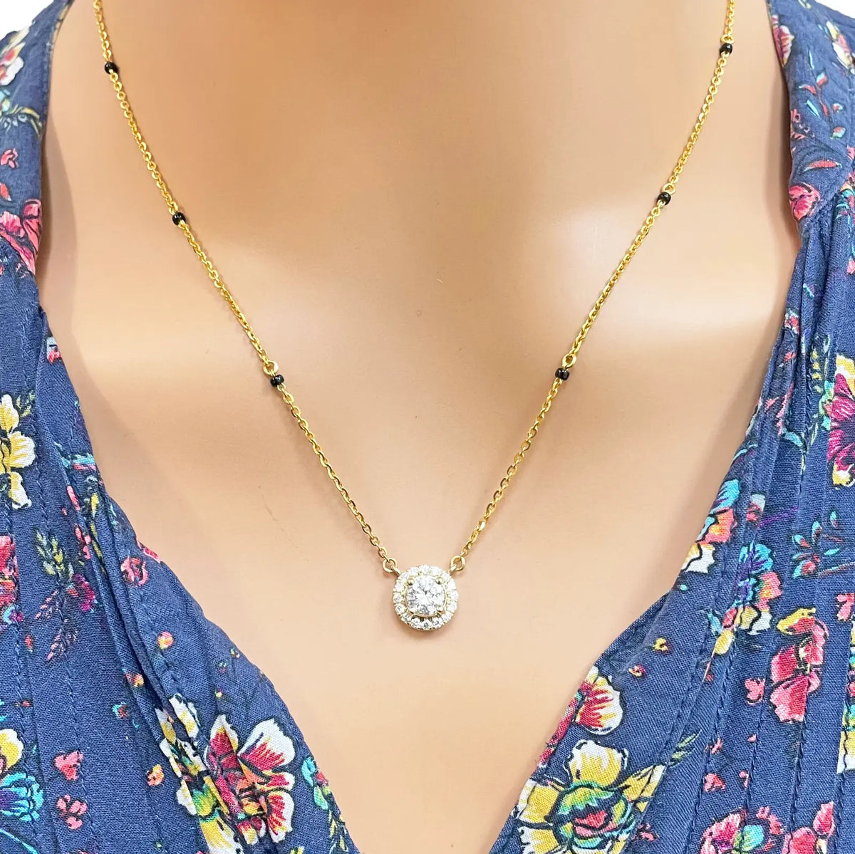 Yellow Gold Mangalsutra Necklace Lab-Created Diamond Halo Pendant 0.70ct  Mangalsutra Chains