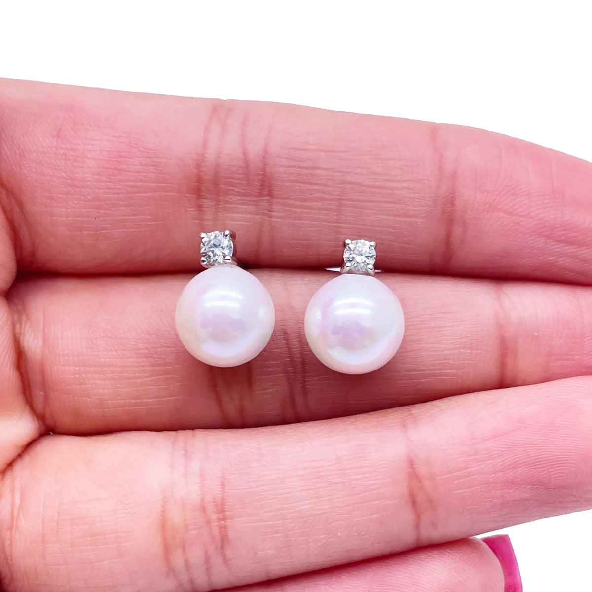 14ct White Gold Freshwater Pearl & Diamond Drop Pair Earrings 0.22ct 