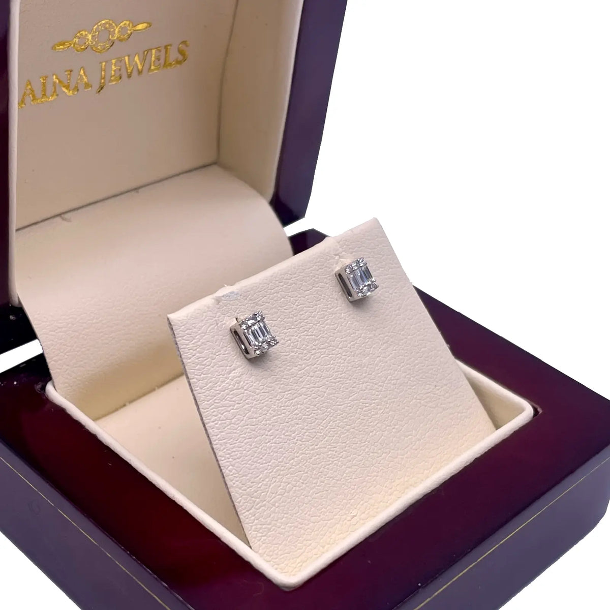 14ct White Gold Round & Baguette in Emerald Shaped Diamond Studs Earrings 0.17ct 