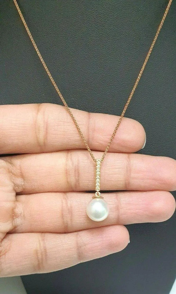 18Carat Rose Gold South Sea Pearl & Diamonds Pendant Necklace 0.08cts 