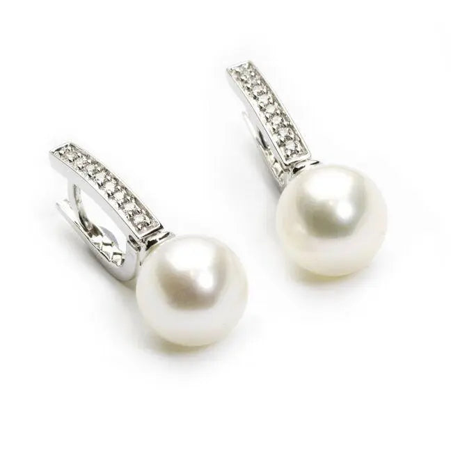 18Ct White Gold Fresh Water Cultured Pearls & Diamonds Drop Earrings 0.15cts 