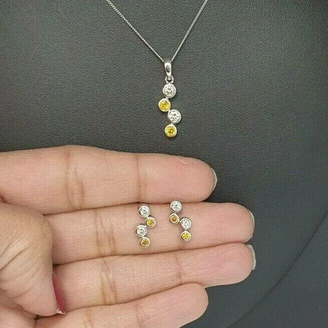 18K White Gold Yellow Sapphire & Diamonds Rubover Pendant Earrings chain 1.20cts 