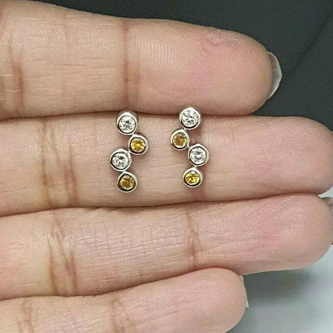 18K White Gold Yellow Sapphire & Diamonds Rubover Pendant Earrings chain 1.20cts 