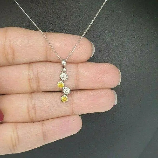 18K White Gold Yellow Sapphire & Diamonds Rubover Pendant Earrings chain 1.20cts 