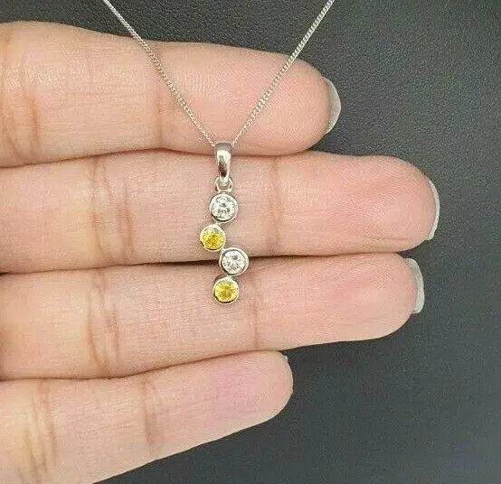 18K White Gold Yellow Sapphire & Diamonds Rubover Pendant Earrings chain 1.20cts 