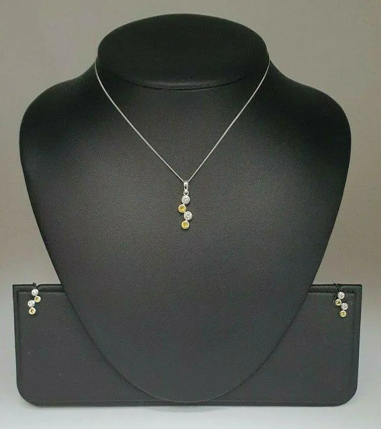 18K White Gold Yellow Sapphire & Diamonds Rubover Pendant Earrings chain 1.20cts 