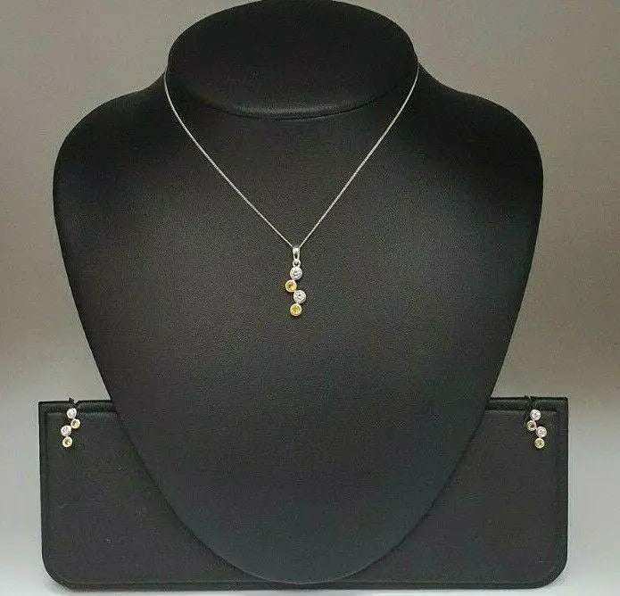 18K White Gold Yellow Sapphire & Diamonds Rubover Pendant Earrings chain 1.20cts 