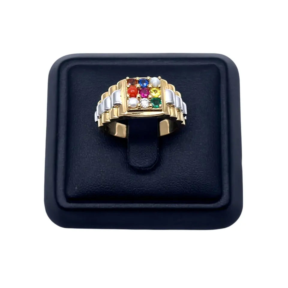 18K Yellow Gold 9 Gemstone Navratna Mens Ring with Diamond and Pearl 1.00ct 
