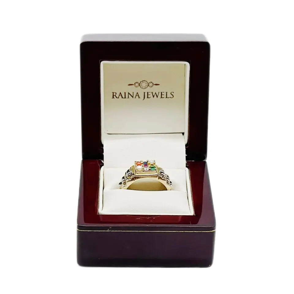 18K Yellow Gold 9 Gemstone Navratna Mens Ring with Diamond and Pearl 1.00ct 